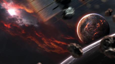 Cosmic Theater of Fiery Planet and Asteroids wallpaper