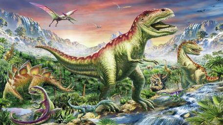 Epic Dinosaur Adventure in a Vibrant Jungle Scene wallpaper
