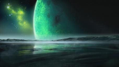 Mystical Green Planet Above Serene Waters wallpaper