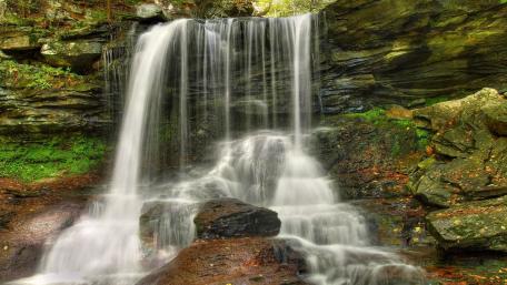 Serene Waterfall in a Tranquil Forest Setting wallpaper