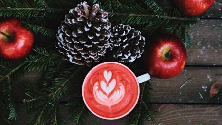 Festive Hot Chocolate Delight with Apples and Fir Cones wallpaper
