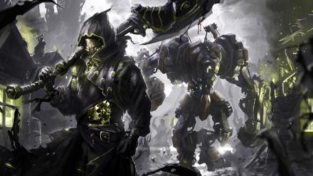 Futuristic Warrior Amidst Steampunk Chaos wallpaper
