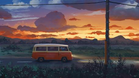 Vintage Van Under a Dreamy Sunset Sky wallpaper