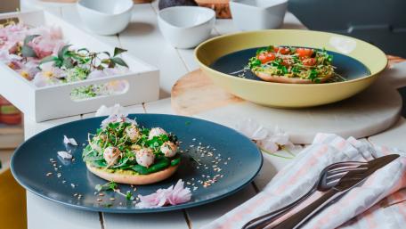 Vibrant Breakfast Spread on Elegant Tableware wallpaper