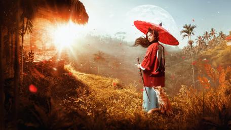 Japanese Samurai girl with fox wallpaper