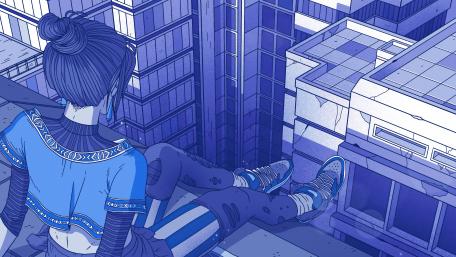 Blue-Hued Solitude Amidst Urban Canyons wallpaper