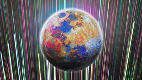 Vibrant Synthwave Moon Amidst Star Trails wallpaper
