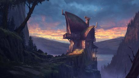 Mystical Cliffside Abode at Dusk wallpaper