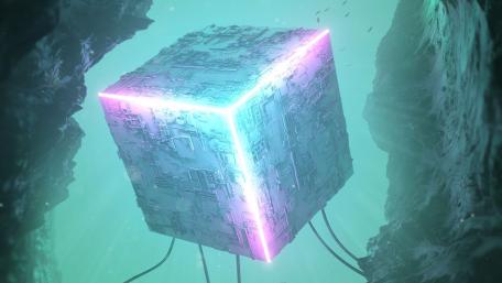 Floating Neon Cube in Mystical Cavern wallpaper