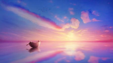 Tranquil Sunset Serenity with Boat Art wallpaper