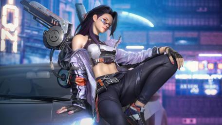 Futuristic Cyberpunk Siren Rests in Neon Glare wallpaper