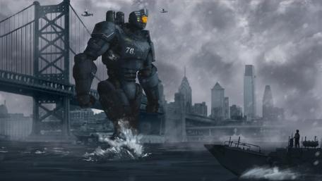 Majestic Robot Guardian of the Future Bridge wallpaper