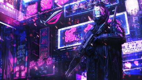 Futuristic Neon Warrior in Cyber City wallpaper