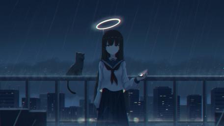 Mysterious Angel on a Rainy Cityscape wallpaper