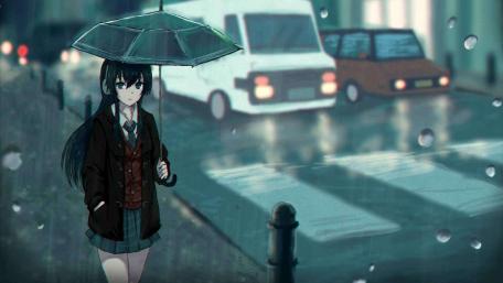 Rainy Evening Stroll with a Feline Friend wallpaper