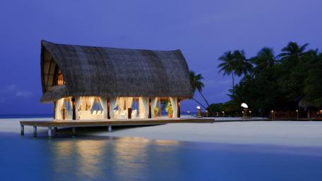 Tropical Pavilion by the Sea at Dusk wallpaper