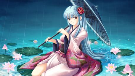 Elegant Kimono in Blooming Lotus Pond wallpaper