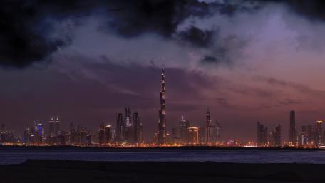 Dubai skyline with Burj Khalifa at sunset wallpaper