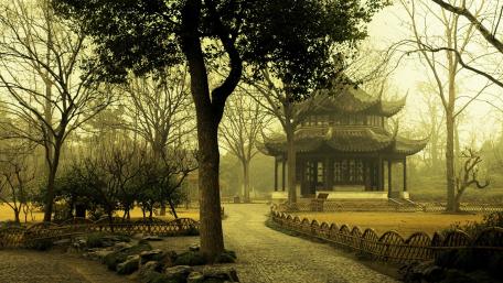 Tranquil Asian Pavilion in Serene Nature Scene wallpaper