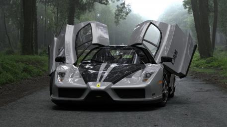 Sleek Ferrari Enzo in a Mystical Forest Setting wallpaper