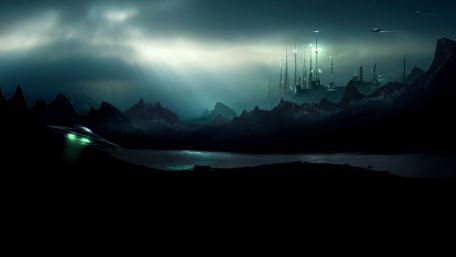 Mysterious Twilight Cityscape in a Futuristic Realm wallpaper