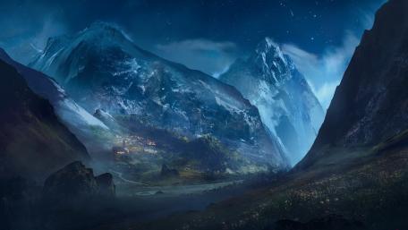 Mystical Night Over a Mountain Village wallpaper