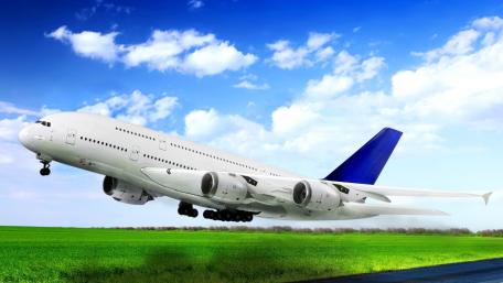 A Majestic Takeoff Above Green Fields wallpaper