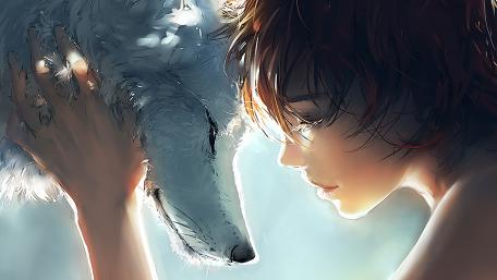 Gentle Bond Between Human and Wolf wallpaper
