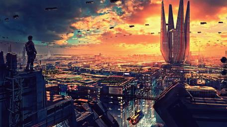 Sunset Horizon over the Futuristic Metropolis wallpaper