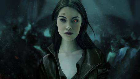 Futuristic Cyborg Woman in a Mysterious Atmosphere wallpaper