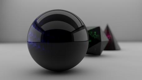 Sleek 3D Sphere with Geometric Forms Behind it wallpaper