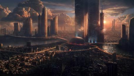 Futuristic Metropolis in a Dystopian Landscape wallpaper