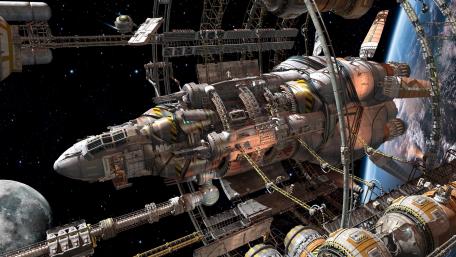 Futuristic Spacecraft Orbiting a Distant Planet wallpaper