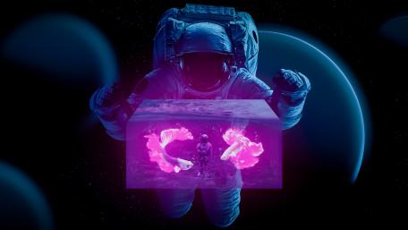 Astronaut Encounters Surreal Aquatic Cube wallpaper