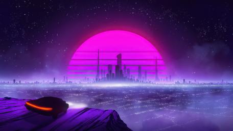 Retro Futuristic Cityscape in Neon Glow wallpaper