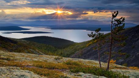 Majestic Sunset Over Serene Lake Landscape wallpaper