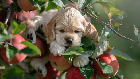 Adorable Puppy Among Apple Tree Branches wallpaper