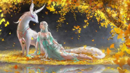 Whimsical Encounter in Autumn Dreamland wallpaper