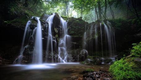 Serene Waterfall Amidst Lush Greenery wallpaper