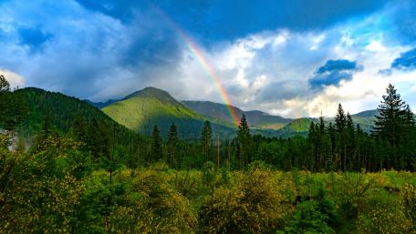 Majestic Rainbow Over Green Mountainscape wallpaper