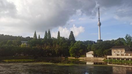 Serene Cityscape with Tower and Reflections wallpaper
