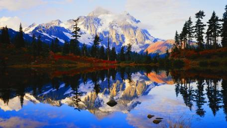 Serene Mountain Reflection in Autumn Colors wallpaper