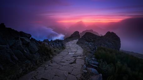 Majestic Mountain Trail Under a Pink Sky wallpaper