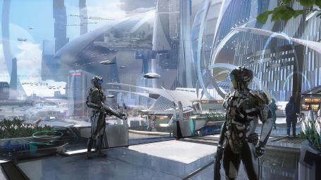 Futuristic Cyberpunk Cityscape with Robots wallpaper
