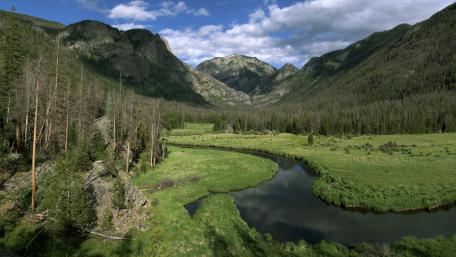 Majestic Valley and Serene River Scene wallpaper