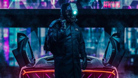 Futuristic Neon Warrior Stands Guard wallpaper