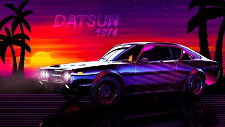 Retro Datsun 1974 in Neon Glow wallpaper