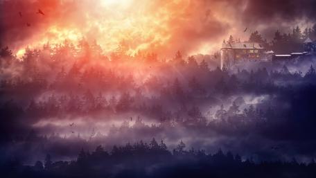 Enchanted Castle in a Misty Forest Atmosphere wallpaper