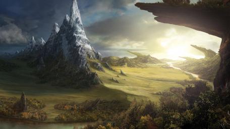 Majestic Mountains in a Fantastical Landscape wallpaper