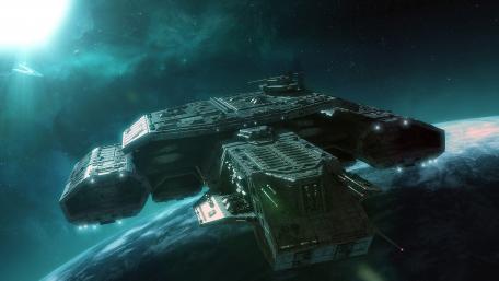 Futuristic Spaceship in Cosmic Landscape wallpaper